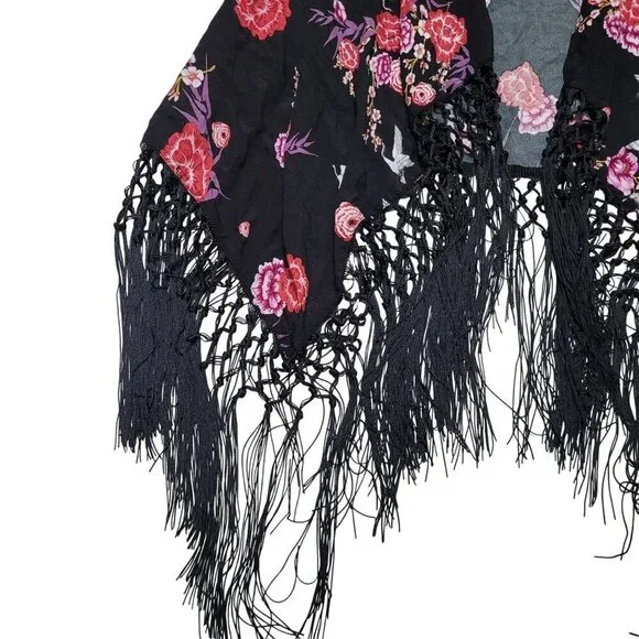 Torrid Floral Fringe Trim‎ Kimono Womens Size 3 Black Pink Rayon Boho Bloomcore - Picture 2 of 8